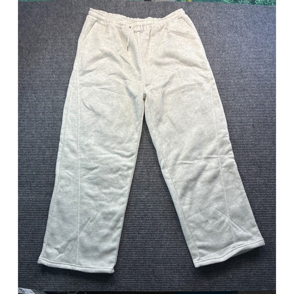 Womens Oatmeal Heather Grey Wide Leg Sweatpants Fleece Lined Front Seam Large